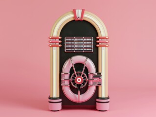 Pink Jukebox Dreams: A classic pink and gold jukebox sits against a vibrant pink backdrop, a nostalgic symbol of music and bygone eras.  