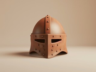 Fototapeta premium Medieval Helm: A weathered and battle-worn medieval helm, crafted in brown leather and metal, stands alone against a muted backdrop. This 3D render is a powerful symbol of protection, history
