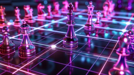 Neon Chessboard: A futuristic chessboard glows with vibrant neon light, creating a captivating scene of strategic gameplay. The chess pieces are rendered in chrome