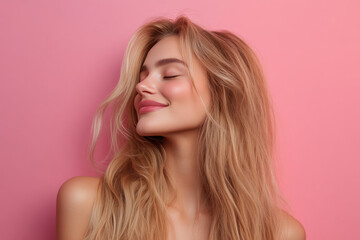 Naklejka premium A close up of a woman's face with her eyes closed and long blond hair