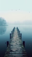 Obraz premium Misty Pier into the Unknown: A long wooden pier extends into a serene lake shrouded in mist, with a line of birds flying overhead, phone wallpaper