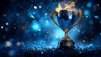 A trophy with flames, set against a blue background with confetti.