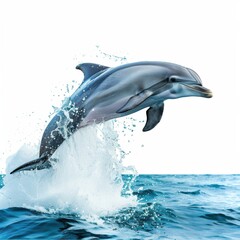Naklejka premium Dolphin Leaping: A graceful dolphin leaps out of the ocean, creating a splash of water. The dolphin is in mid-air, with its tail and fins extended. The background is a white sky