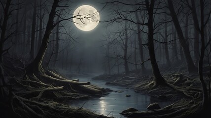 Spooky night landscape view in a dark forest with full moon visible, dark jungle black themed under moonlight