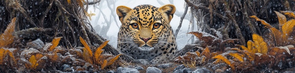 Fototapeta premium Stunning close-up of a leopard in its natural habitat, hidden among the foliage and staring intently, perfect for wildlife enthusiasts