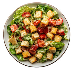Fresh green salad with croutons and tomatoes, cut out - stock png.