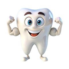 Strong and happy teeth character showing muscles, teeth and 3D transparent background Generative AI