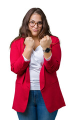 Beautiful plus size young business woman wearing elegant jacket and glasses over isolated...