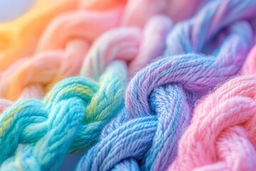 Colorful strands of braided yarn displayed under soft sunlight