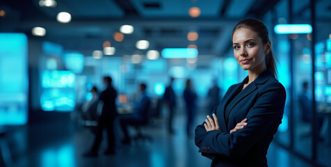Confident woman with arms crossed in a high-tech office, using a laptop with holographic displays and busy technology backdrop.