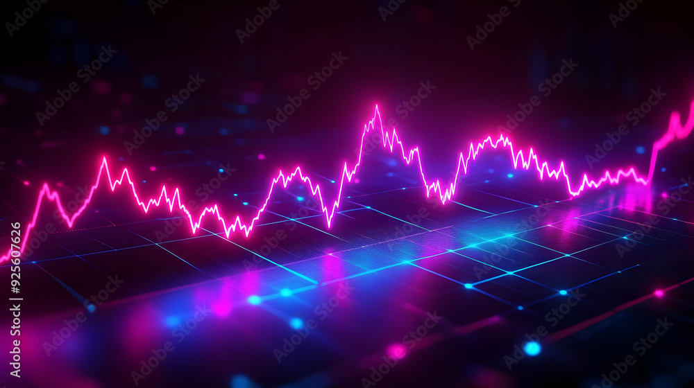 Poster a vibrant digital graph displaying fluctuating data trends in neon colors.