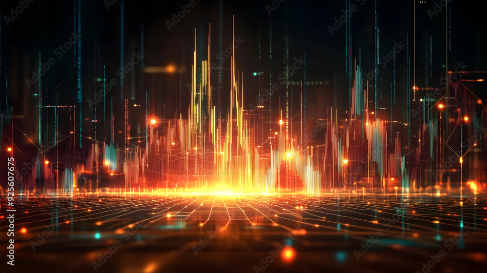 Poster a vibrant digital landscape with glowing data visualizations and abstract patterns.