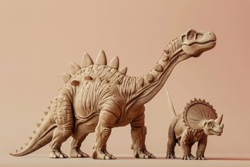 A Sauropod and Triceratops Stroll: Wooden dinosaur sculptures on a minimalist backdrop.