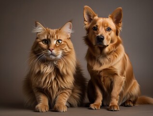 A Ginger Cat and a Golden Dog Looking at the Camera