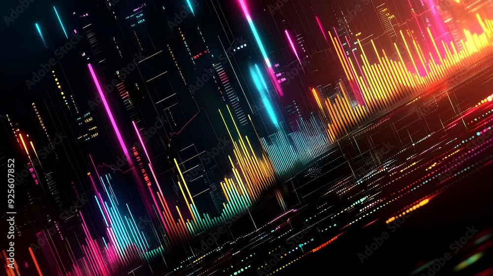 Poster a vibrant digital visualization of data represented through colorful bars and lines.