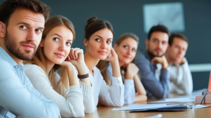 Fototapeta premium A group of employees nodding in agreement during a presentation, showing signs of understanding and support, Realistic, Warm colors