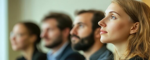Obraz premium Team of employees listening intently to a colleagues presentation, expressions of interest and concentration, Realistic, Soft lighting