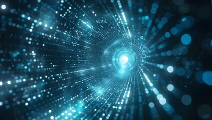 Abstract digital background with a blue glowing light and network connections on a dark black backdrop, representing technology or futuristic internet communication. 