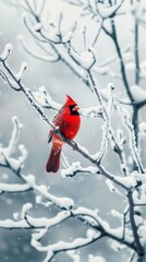 Crimson Majesty in a Winter Wonderland: A vibrant red cardinal perched upon a snow-laden branch, a testament to nature's beauty amidst winter's chill, phone wallpaper 