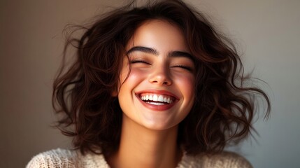 Naklejka premium Happy young woman smiling and laughing