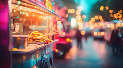 A vibrant food truck scene with illuminated lights and delicious snacks on display.