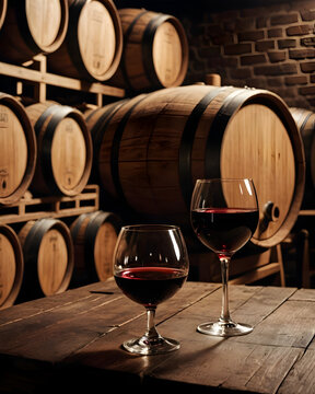 Dos copas con vino tinto junto a unos barriles en una bodega