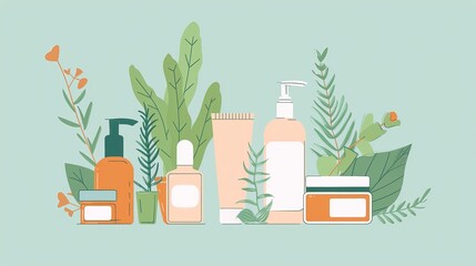 Natural skincare products illustration with leaves background. Organic beauty items in pastel colors for healthy skin and eco-friendly lifestyle.