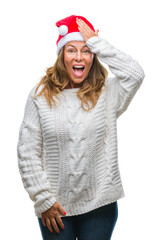 Middle age senior hispanic woman wearing christmas hat over isolated background surprised with hand on head for mistake, remember error. Forgot, bad memory concept.