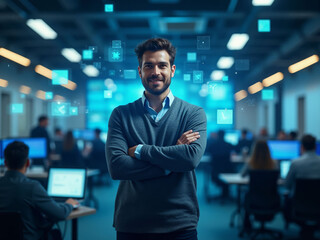 Confident male tech employee stands with arms crossed, busy high-tech office in the background, showcasing advanced technology and digital communication.