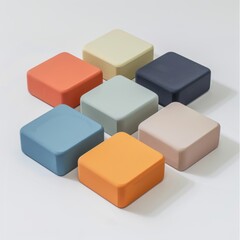 Colorful Square Cushions: A collection of eight square cushions in various soft, muted colors, arranged in a symmetrical pattern on a white background, creating a minimalist and stylish aesthetic. 