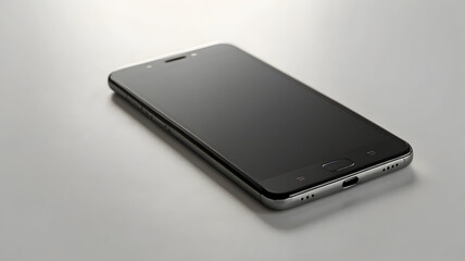 sleek, modern smartphone lying flat on a white surface, with the screen turned off, ideal for technology-related designs.