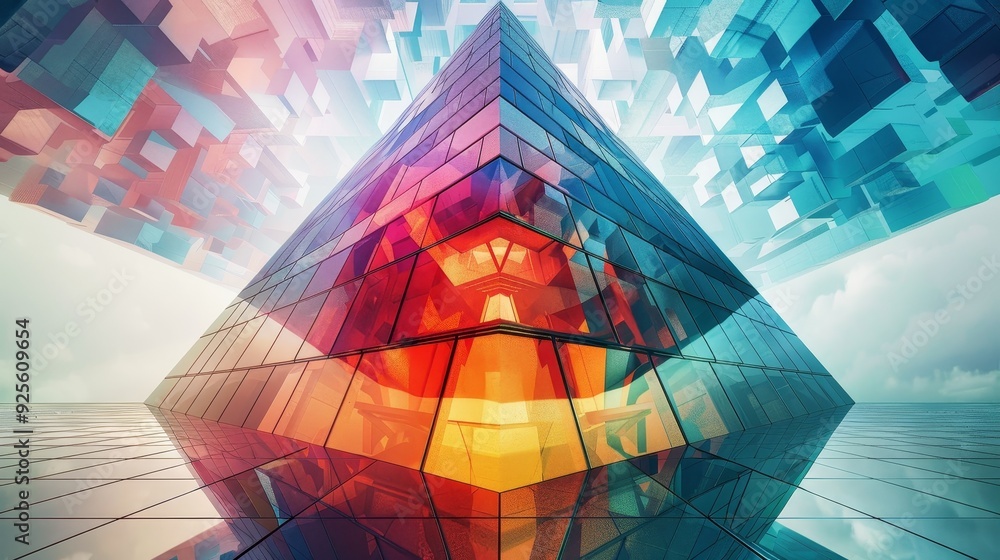 Poster futuristic glass pyramid with colorful reflections and geometric patterns. abstract digital art feat