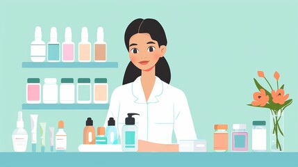 A woman in a lab coat stands behind a counter filled with cosmetic products, creating a serene and professional atmosphere.