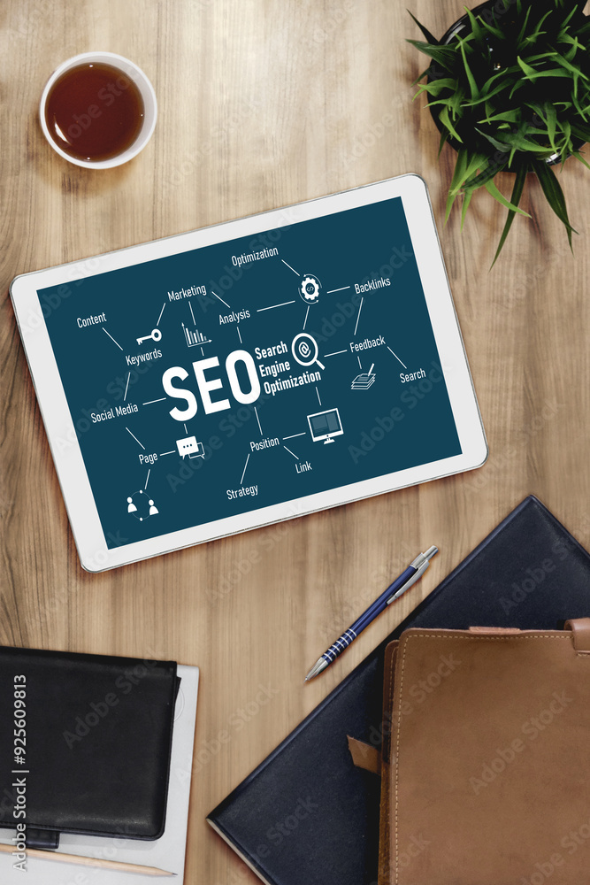 Poster seo search engine optimization for modish e-commerce and online retail business showing on computer 