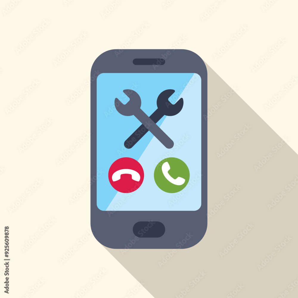 Poster smartphone is displaying crossed wrenches over red and green call buttons, suggesting technical supp