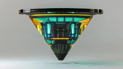 Futuristic floating pyramid device with glowing neon lights, showcasing advanced technology and sleek design on a grey background.