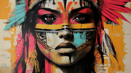 A vibrant portrait of a woman with tribal face paint and feathers.