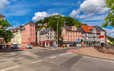 Colorful timber-framed houses in the old town of Marburg, Germany, on a sunny day