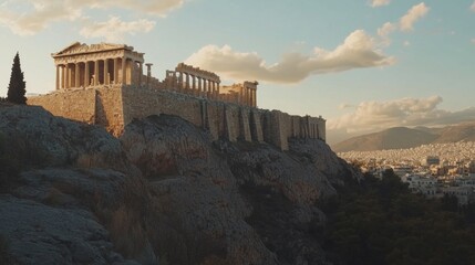 Majestic view of the ancient Acropolis in Athens during golden hour. Showcasing neoclassical architecture and rich history. Ideal for travel, history, and culture enthusiasts. AI