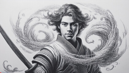 A powerful young man with a samurai sword unleashes wind magic that swirls around him