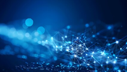 Abstract digital technology background with glowing connections and polygonal shapes on a dark blue background. 