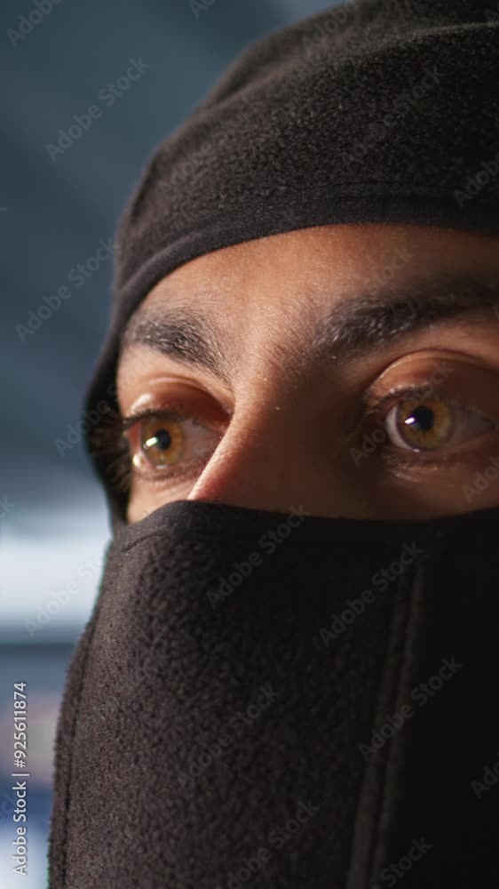 Poster vertical video terrorist hiding identity, attacking enemy command center. close up of masked insurge
