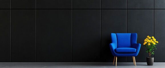 Concrete Interior With Blue Armchair, Dark Wall Background