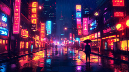 Naklejka premium A vibrant, rainy city street illuminated by neon signs at night.