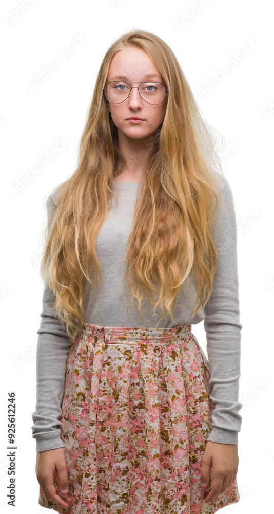 Poster Blonde teenager woman wearing flowers skirt depressed and worry for distress, crying angry and afraid. Sad expression.