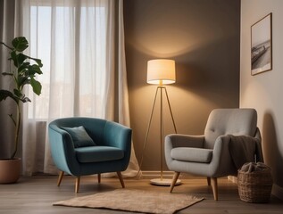 Cozy living room with two armchairs, a floor lamp, and a plant.