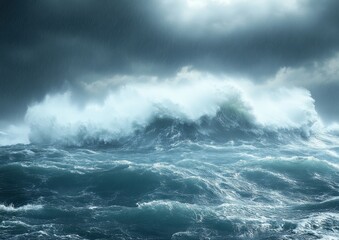 Obraz premium Dramatic Ocean Waves Crashing Under Moody Stormy Sky with Rough Sea and Dark Clouds, Depicting Power and Beauty of Nature in High Resolution