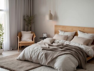 Minimalist Bedroom with Wooden Bed and Neutral Tones