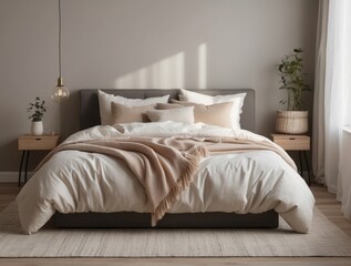 A Made Bed with White Bedding, Throw Blanket, and Neutral Pillows in a Modern Bedroom