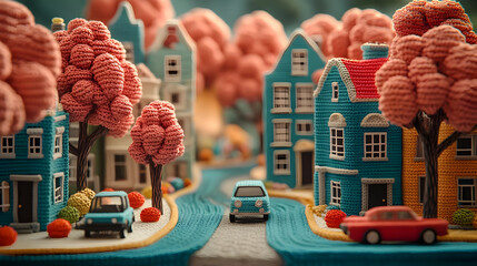 A whimsical crochet village with colorful houses and trees.
